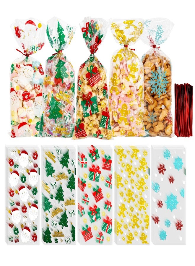 Leislam Christmas Cellophane Treat Bags, 150 PCS Xmas Candy Bags, Plastic Clear Cello Santa Claus Cookie Snack Goodie Gift Bag with 180 PCS Red Twist Ties for Christmas Winter Holiday Party Favors Supplies - Image 1